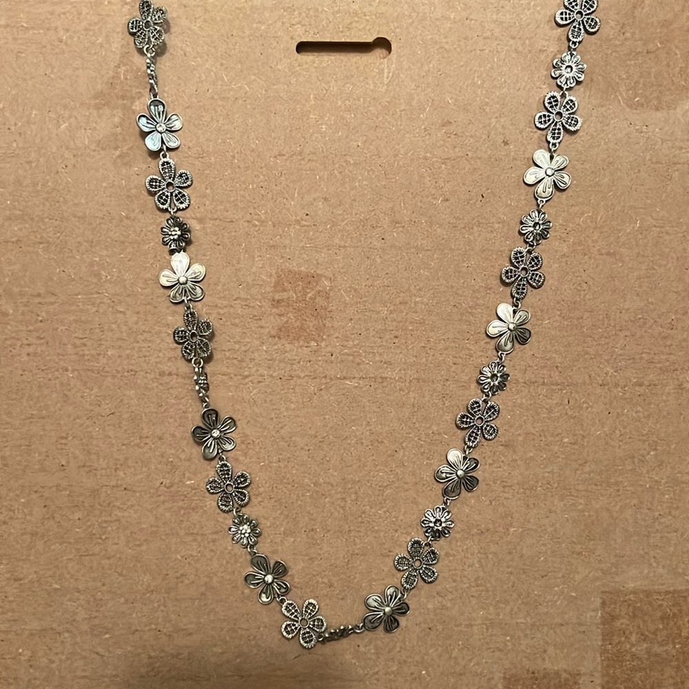 Long silver flower necklace